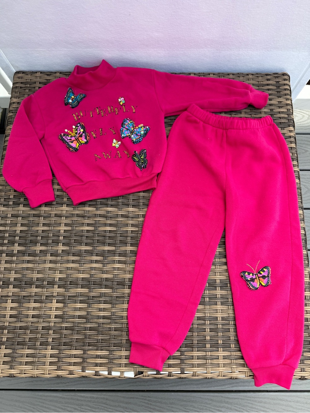 Vintage 90s ZING Girls Size 4 Pink 3D Butterfly Fleece Sweatsuit 2 Pc Set